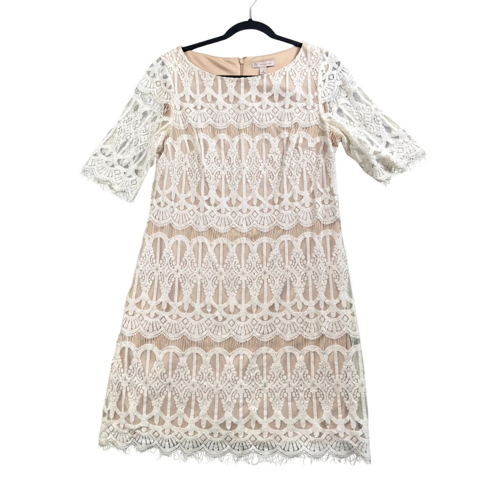 Romantic Cottagecore Lace Dress‎ 12 Cream Vintage Sheath Wedding Guest Elegant